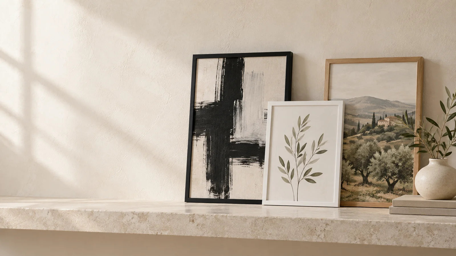 Black, white and oak-effect frames displayed on a softly lit shelf