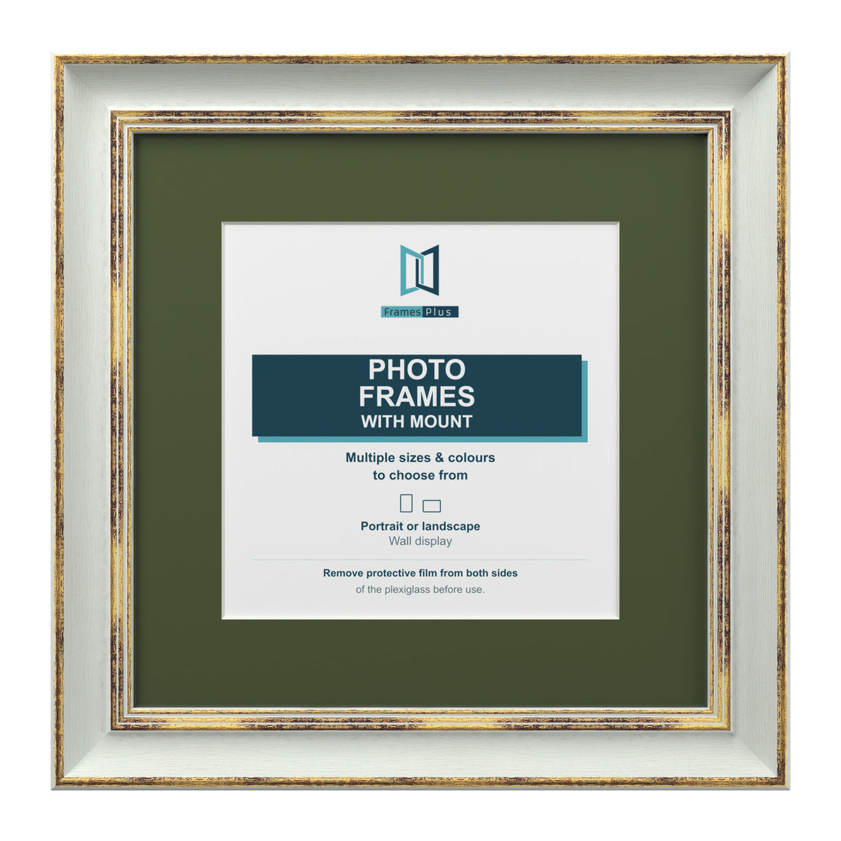 Cassis Square Picture Photo Frame Green Mount Shabby Chic Distressed Gold Trim - 6x6" Frame for 4x4" Photo, Light Grey Frame Green Mount