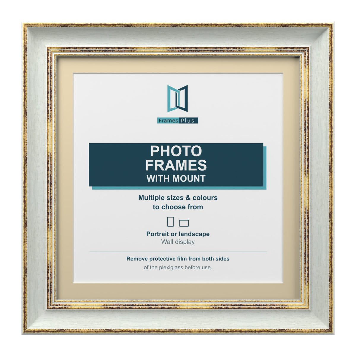 Cassis Square Picture Photo Frame Ivory Mount Shabby Chic Distressed Gold Trim - 6x6" Frame for 4x4" Photo, Light Grey Frame Ivory Mount