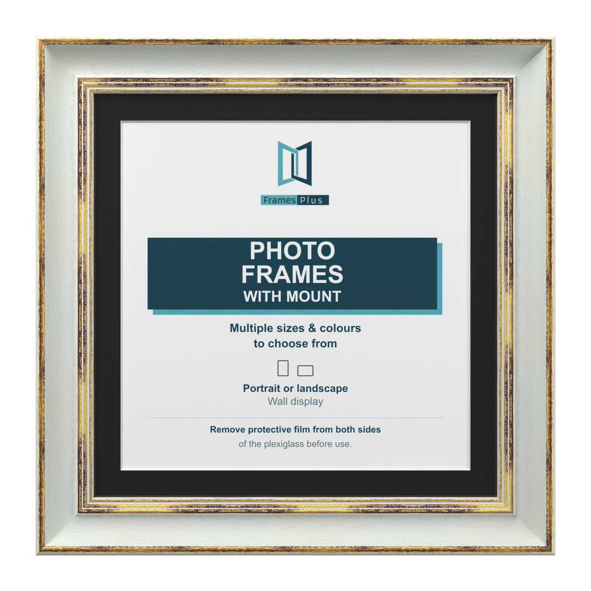 Cassis Square Picture Photo Frame Black Mount Shabby Chic Distressed Gold Trim - 6x6" Frame for 4x4" Photo, Light Grey Frame Black Mount