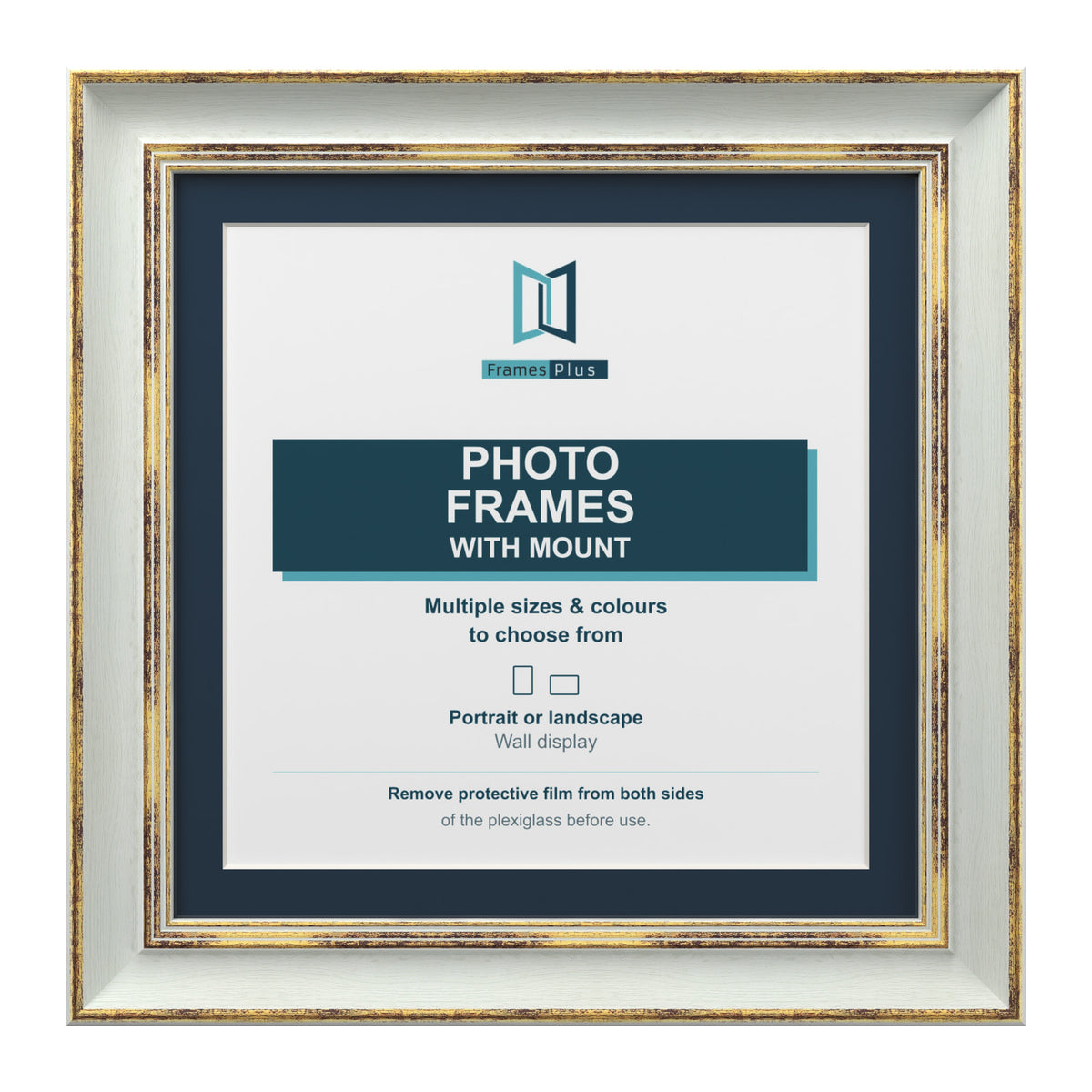 Cassis Square Picture Frame Pacific Blue Mount Shabby Chic Distressed Gold Trim - 6x6" Frame for 4x4" Photo, Light Grey Frame Pacific Blue Mount