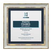 Cassis Square Picture Frame Pacific Blue Mount Shabby Chic Distressed Gold Trim - 6x6" Frame for 4x4" Photo, Light Grey Frame Pacific Blue Mount