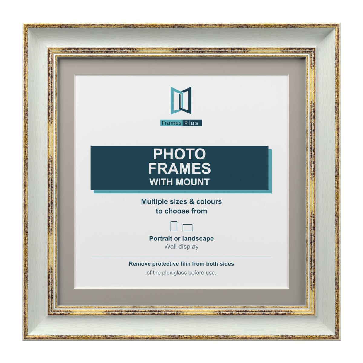 Cassis Square Photo Frame with Dawn Grey Mount Shabby Chic Distressed Gold Trim - 6x6" Frame for 4x4" Photo, Light Grey Frame Dawn Grey Mount