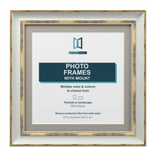 Cassis Square Photo Frame with Dawn Grey Mount Shabby Chic Distressed Gold Trim - 6x6" Frame for 4x4" Photo, Light Grey Frame Dawn Grey Mount