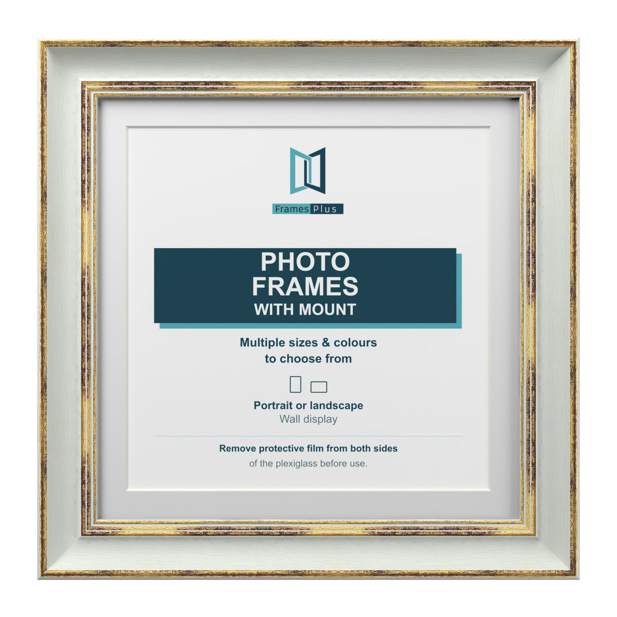 Cassis Square Picture Frame White Mount Shabby Chic Gold Trim 5 Colours - 6x6" Frame for 4x4" Photo, Light Grey Frame White Mount