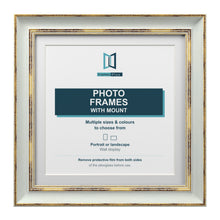 Cassis Square Picture Frame White Mount Shabby Chic Gold Trim 5 Colours - 6x6" Frame for 4x4" Photo, Light Grey Frame White Mount