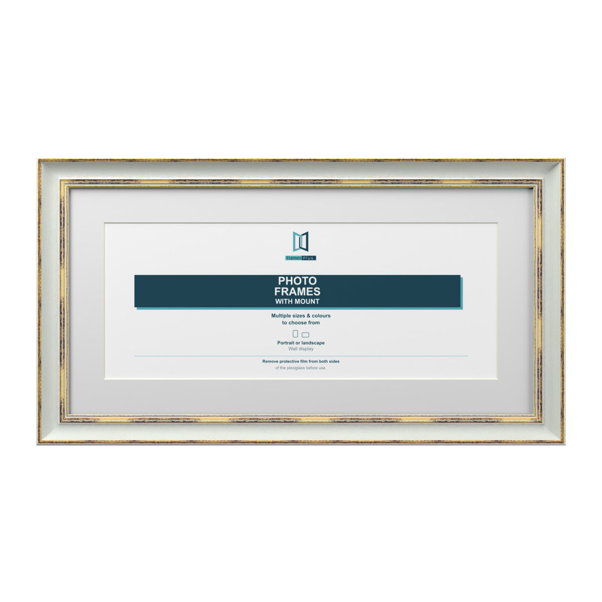 Cassis Panoramic Picture Frame White Mount Shabby Chic Gold Trim 5 Colours - 14x6" Frame for 12x4" Photo, Light Grey Frame White Mount