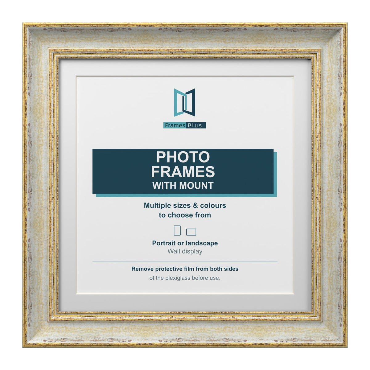 Cassis Square Picture Frame White Mount Shabby Chic Gold Trim 5 Colours - 6x6" Frame for 4x4" Photo, Cream Frame White Mount