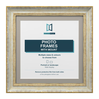 Cassis Square Photo Frame with Dawn Grey Mount Shabby Chic Distressed Gold Trim