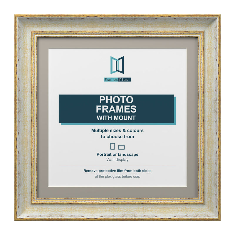 Cassis Square Photo Frame with Dawn Grey Mount Shabby Chic Distressed Gold Trim