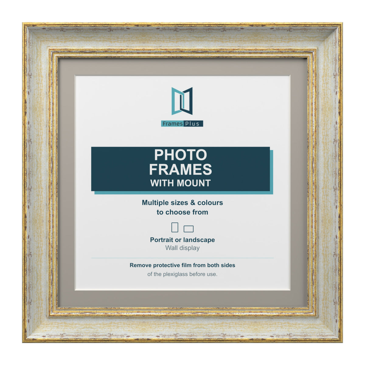 Cassis Square Photo Frame with Dawn Grey Mount Shabby Chic Distressed Gold Trim - 6x6" Frame for 4x4" Photo, Cream Frame Dawn Grey Mount