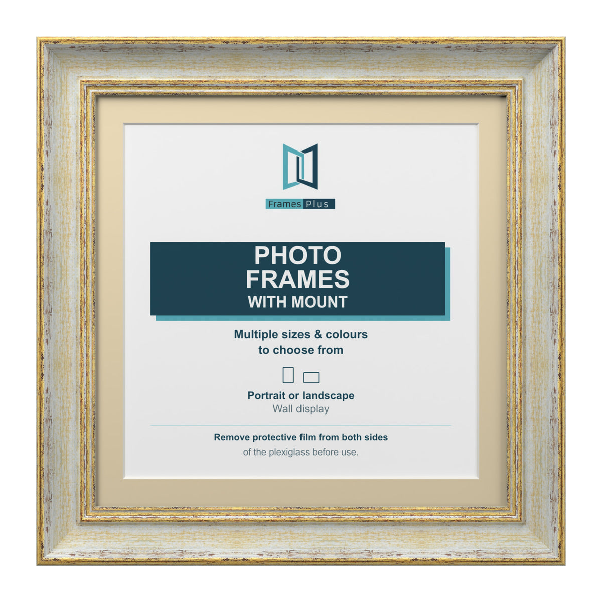 Cassis Square Picture Photo Frame Ivory Mount Shabby Chic Distressed Gold Trim - 6x6" Frame for 4x4" Photo, Cream Frame Ivory Mount