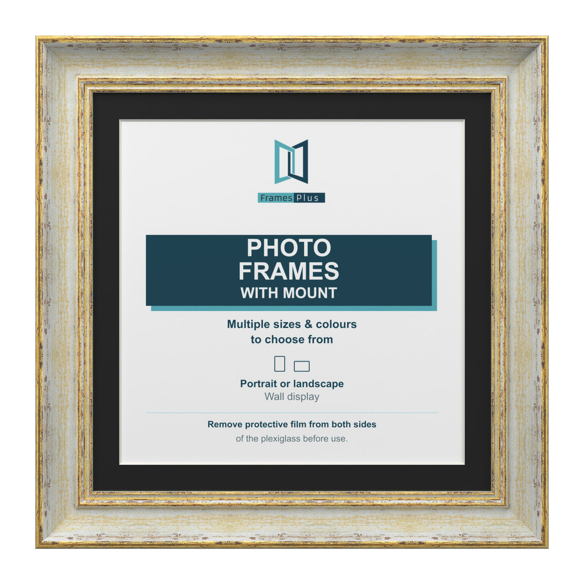 Cassis Square Picture Photo Frame Black Mount Shabby Chic Distressed Gold Trim