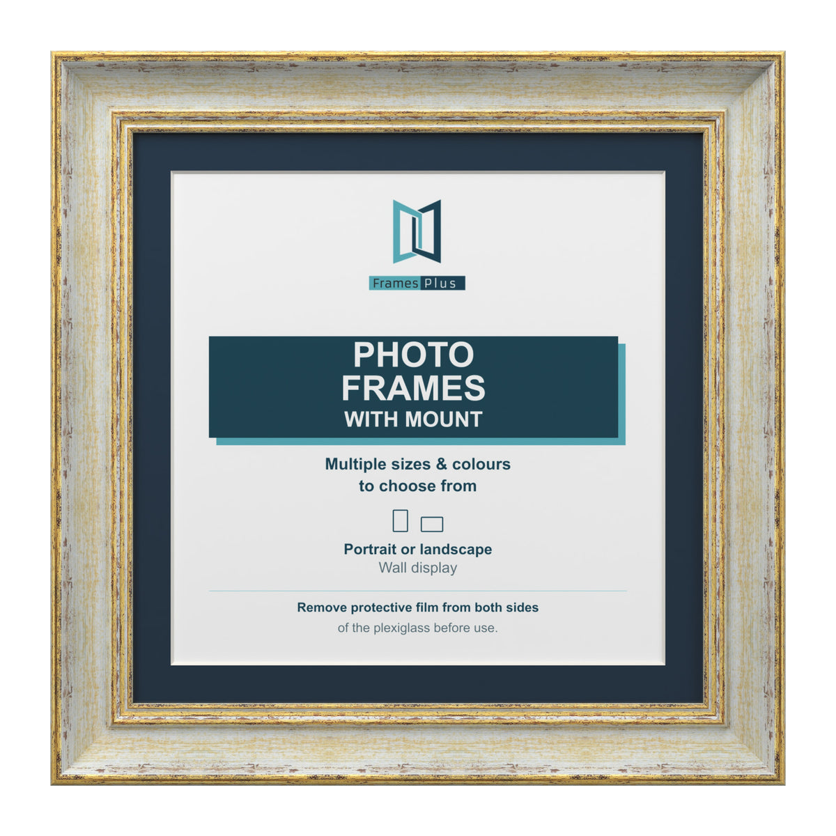 Cassis Square Picture Frame Pacific Blue Mount Shabby Chic Distressed Gold Trim