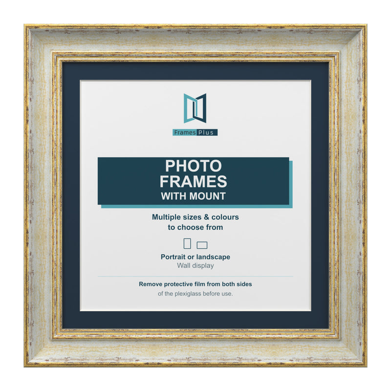 Cassis Square Picture Frame Pacific Blue Mount Shabby Chic Distressed Gold Trim