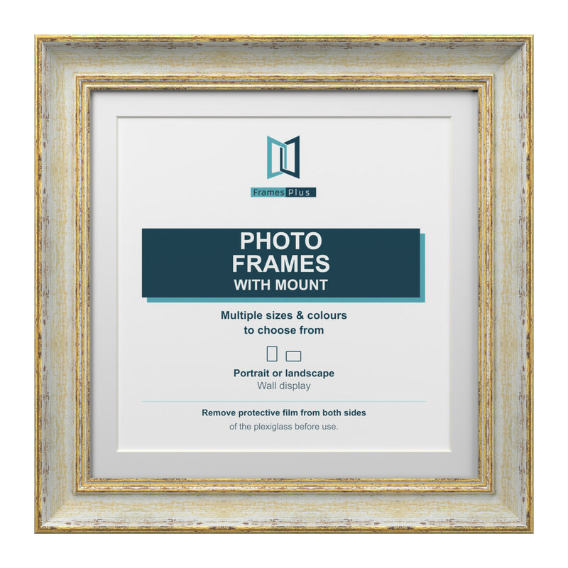 Cassis Square Picture Frame White Mount Shabby Chic Gold Trim 5 Colours