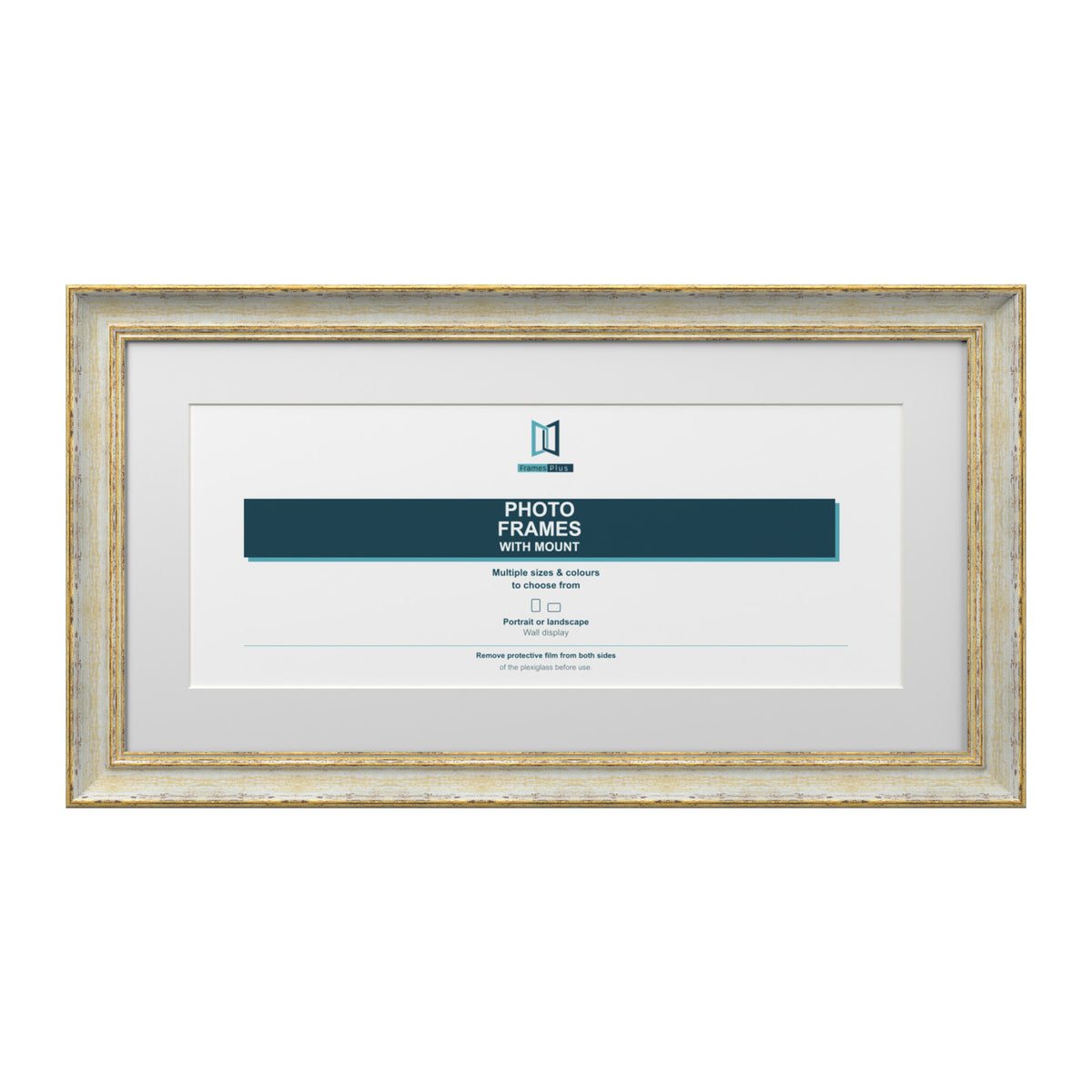 Cassis Panoramic Picture Frame White Mount Shabby Chic Gold Trim 5 Colours - 14x6" Frame for 12x4" Photo, Cream Frame White Mount