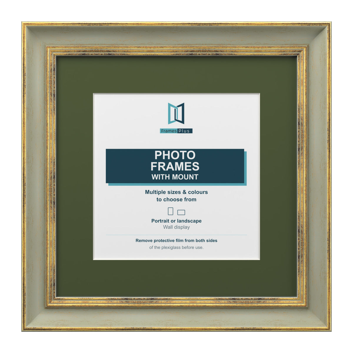 Cassis Square Picture Photo Frame Green Mount Shabby Chic Distressed Gold Trim - 6x6" Frame for 4x4" Photo, Green Frame Green Mount