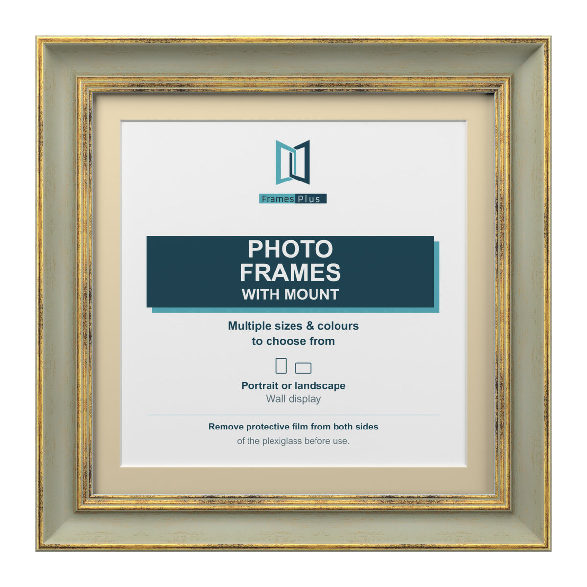 Cassis Square Picture Photo Frame Ivory Mount Shabby Chic Distressed Gold Trim - 6x6" Frame for 4x4" Photo, Green Frame Ivory Mount