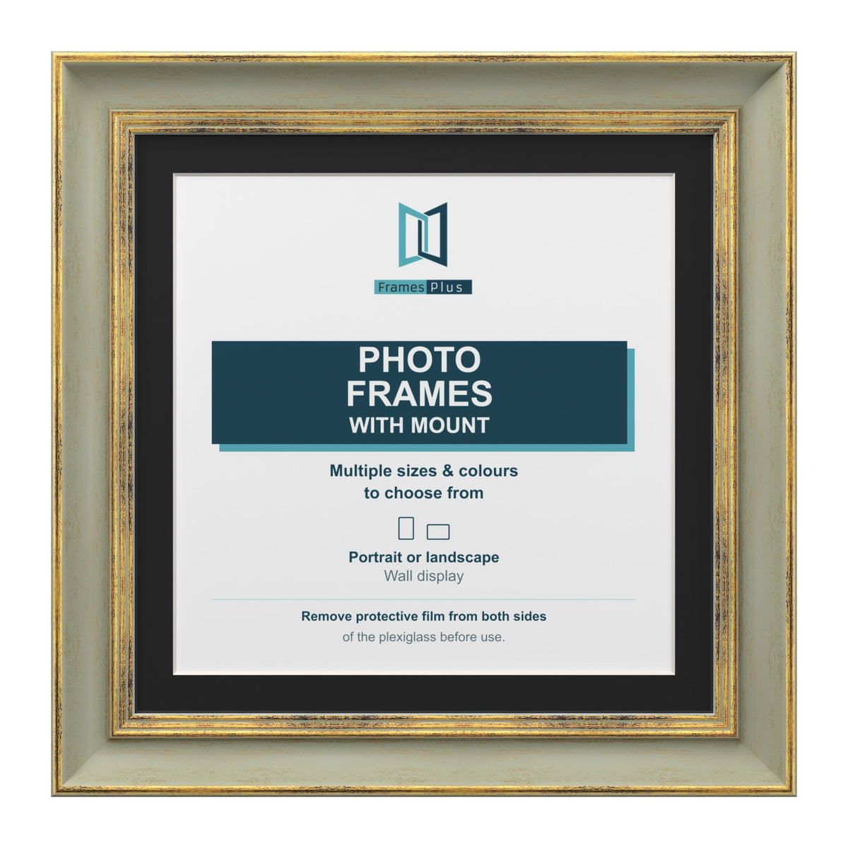 Cassis Square Picture Photo Frame Black Mount Shabby Chic Distressed Gold Trim - 6x6" Frame for 4x4" Photo, Green Frame Black Mount