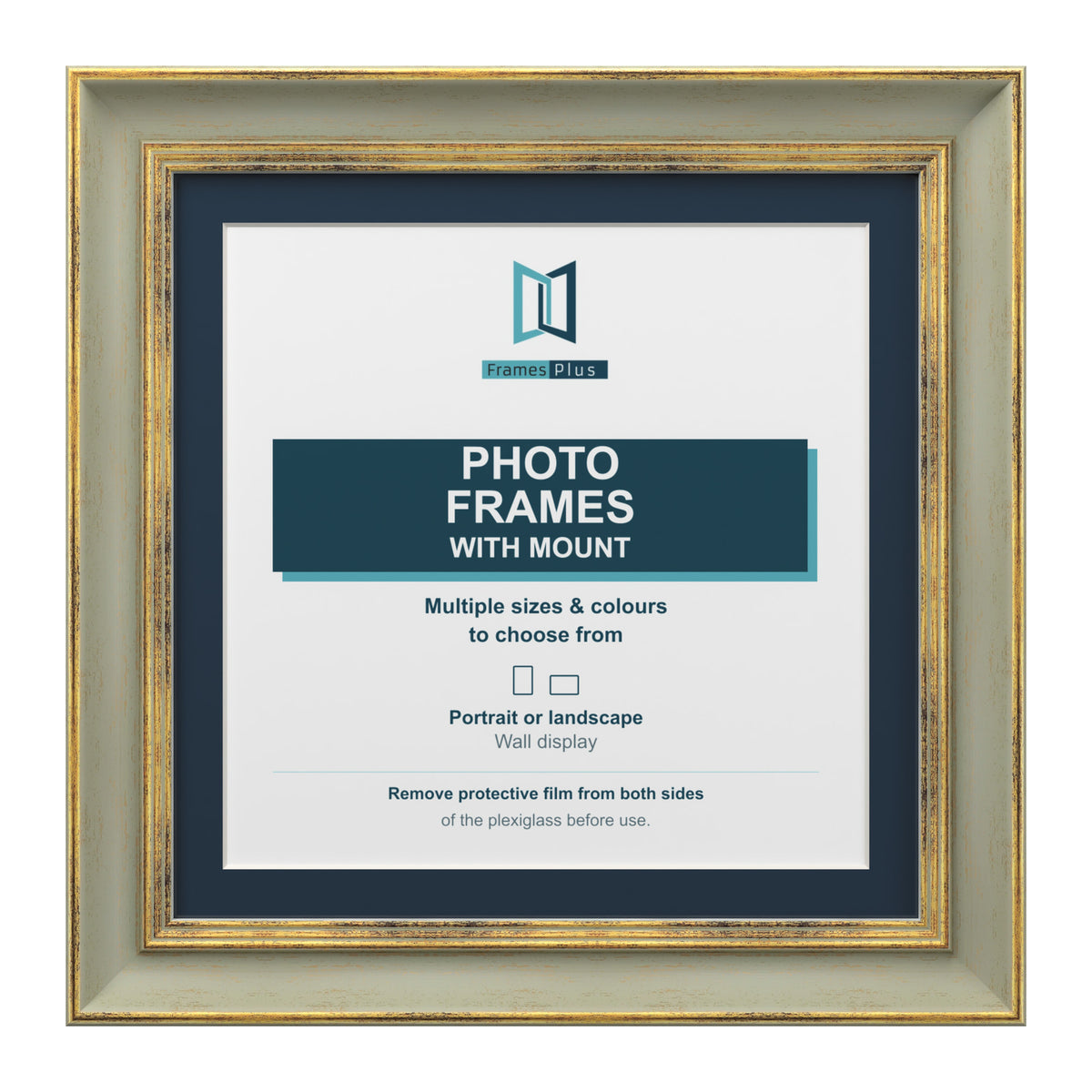 Cassis Square Picture Frame Pacific Blue Mount Shabby Chic Distressed Gold Trim - 6x6" Frame for 4x4" Photo, Green Frame Pacific Blue Mount