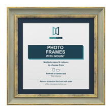 Cassis Square Picture Frame Pacific Blue Mount Shabby Chic Distressed Gold Trim - 6x6" Frame for 4x4" Photo, Green Frame Pacific Blue Mount