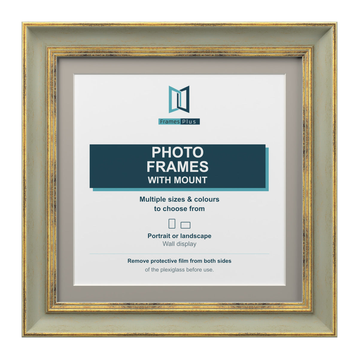 Cassis Square Photo Frame with Dawn Grey Mount Shabby Chic Distressed Gold Trim - 6x6" Frame for 4x4" Photo, Green Frame Dawn Grey Mount