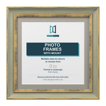Cassis Square Photo Frame with Dawn Grey Mount Shabby Chic Distressed Gold Trim - 6x6" Frame for 4x4" Photo, Green Frame Dawn Grey Mount