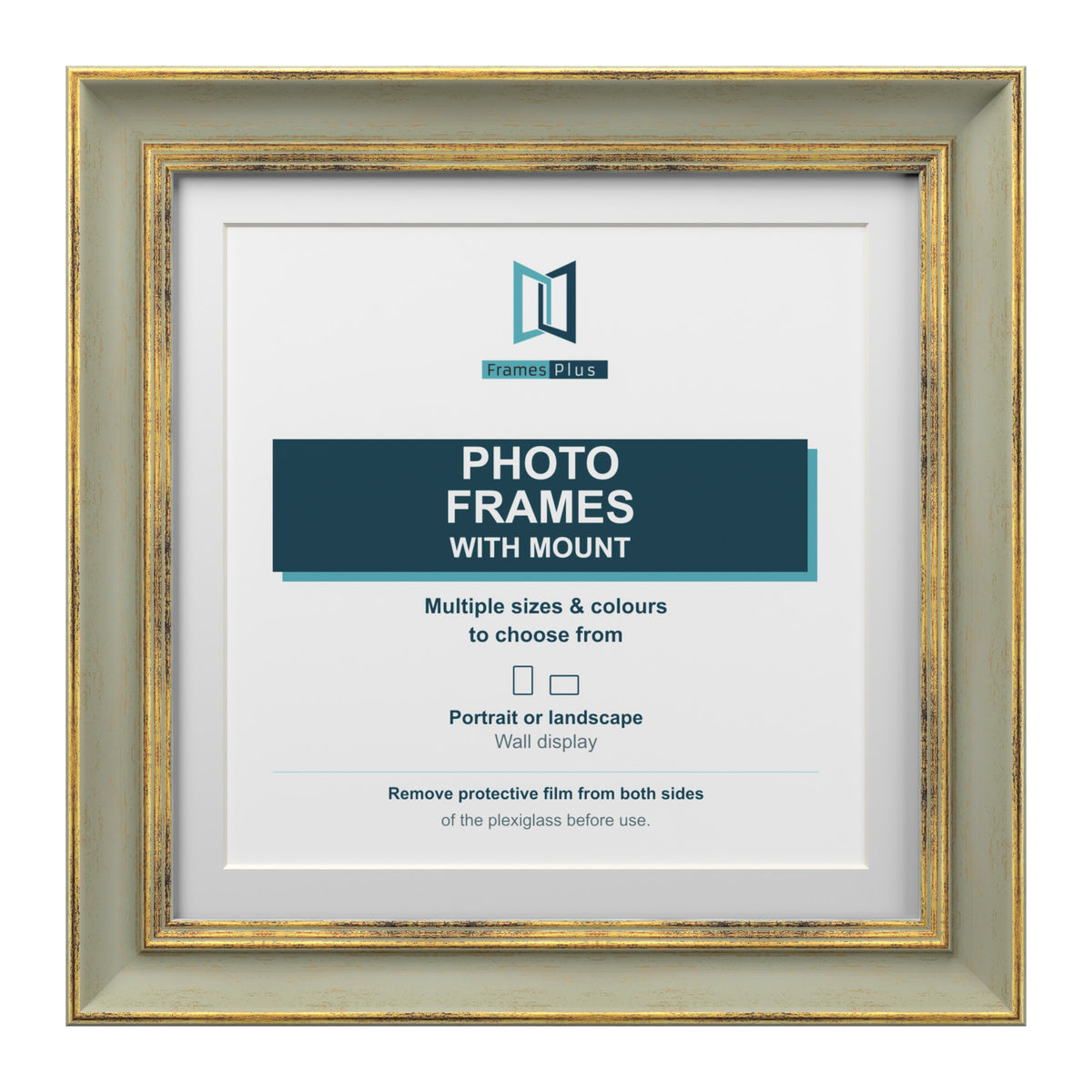 Cassis Square Picture Frame White Mount Shabby Chic Gold Trim 5 Colours - 6x6" Frame for 4x4" Photo, Green Frame White Mount