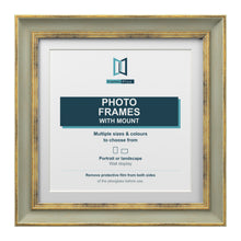 Cassis Square Picture Frame White Mount Shabby Chic Gold Trim 5 Colours - 6x6" Frame for 4x4" Photo, Green Frame White Mount
