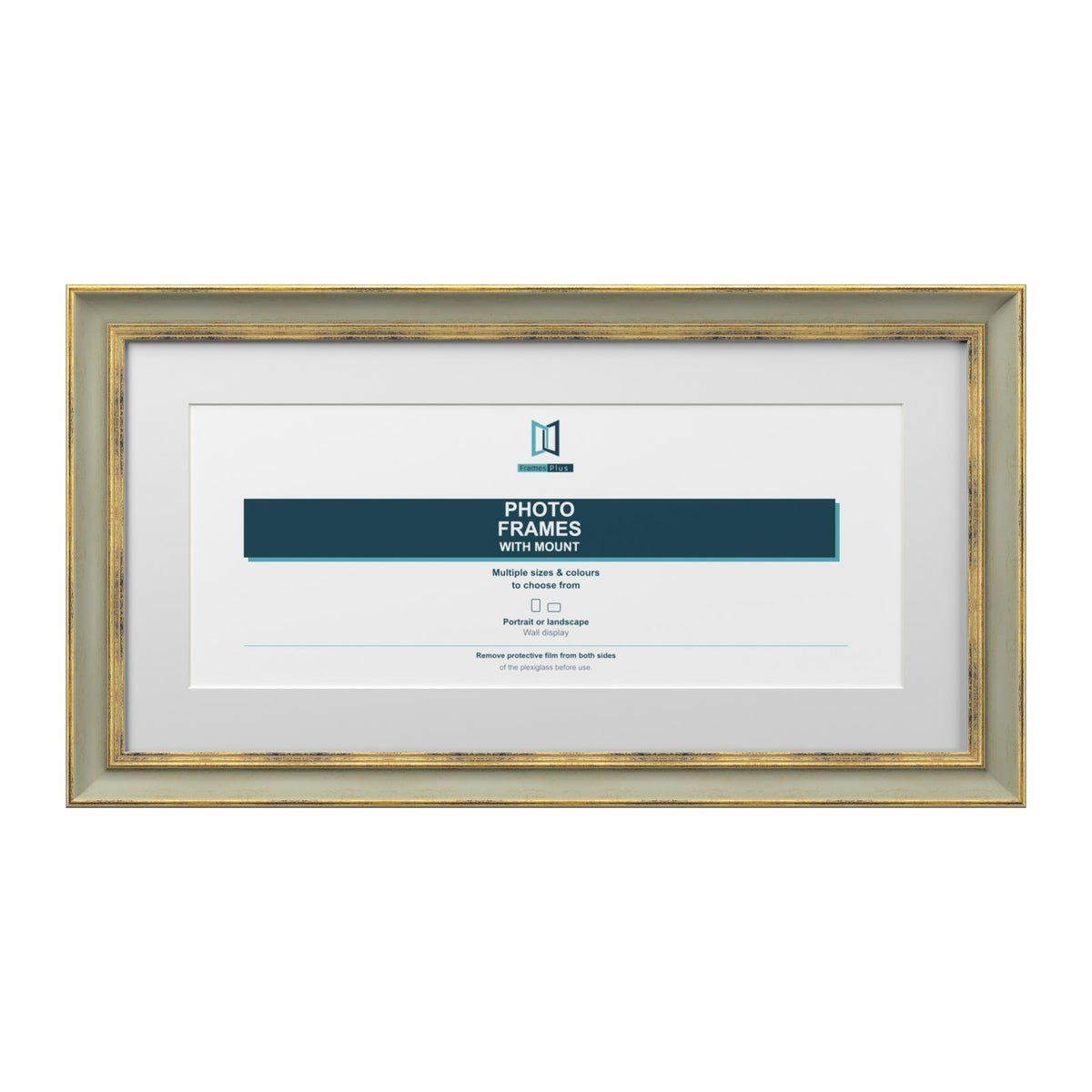 Cassis Panoramic Picture Frame White Mount Shabby Chic Gold Trim 5 Colours - 14x6" Frame for 12x4" Photo, Green Frame White Mount