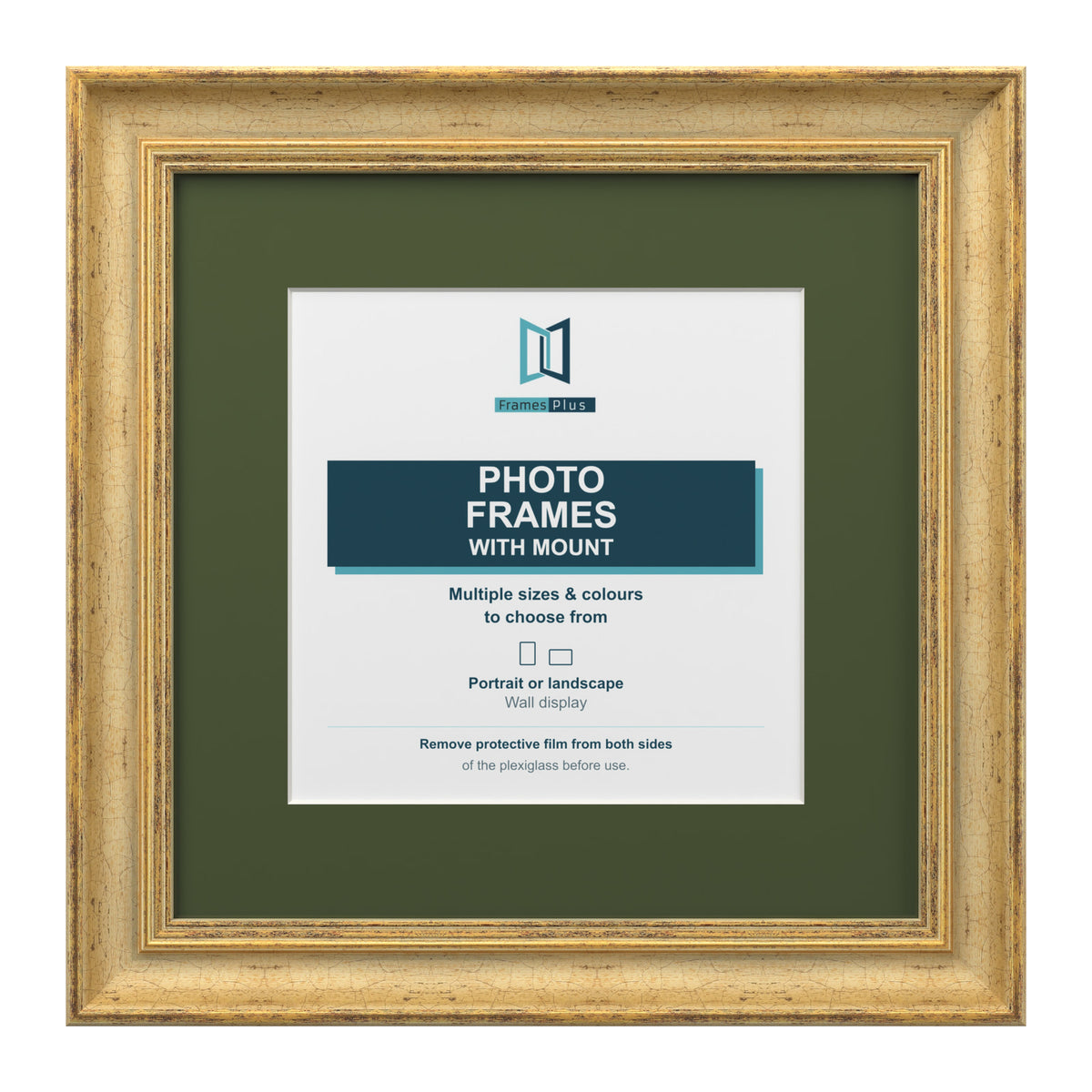 Cassis Square Picture Photo Frame Green Mount Shabby Chic Distressed Gold Trim - 6x6" Frame for 4x4" Photo, Gold Frame Green Mount