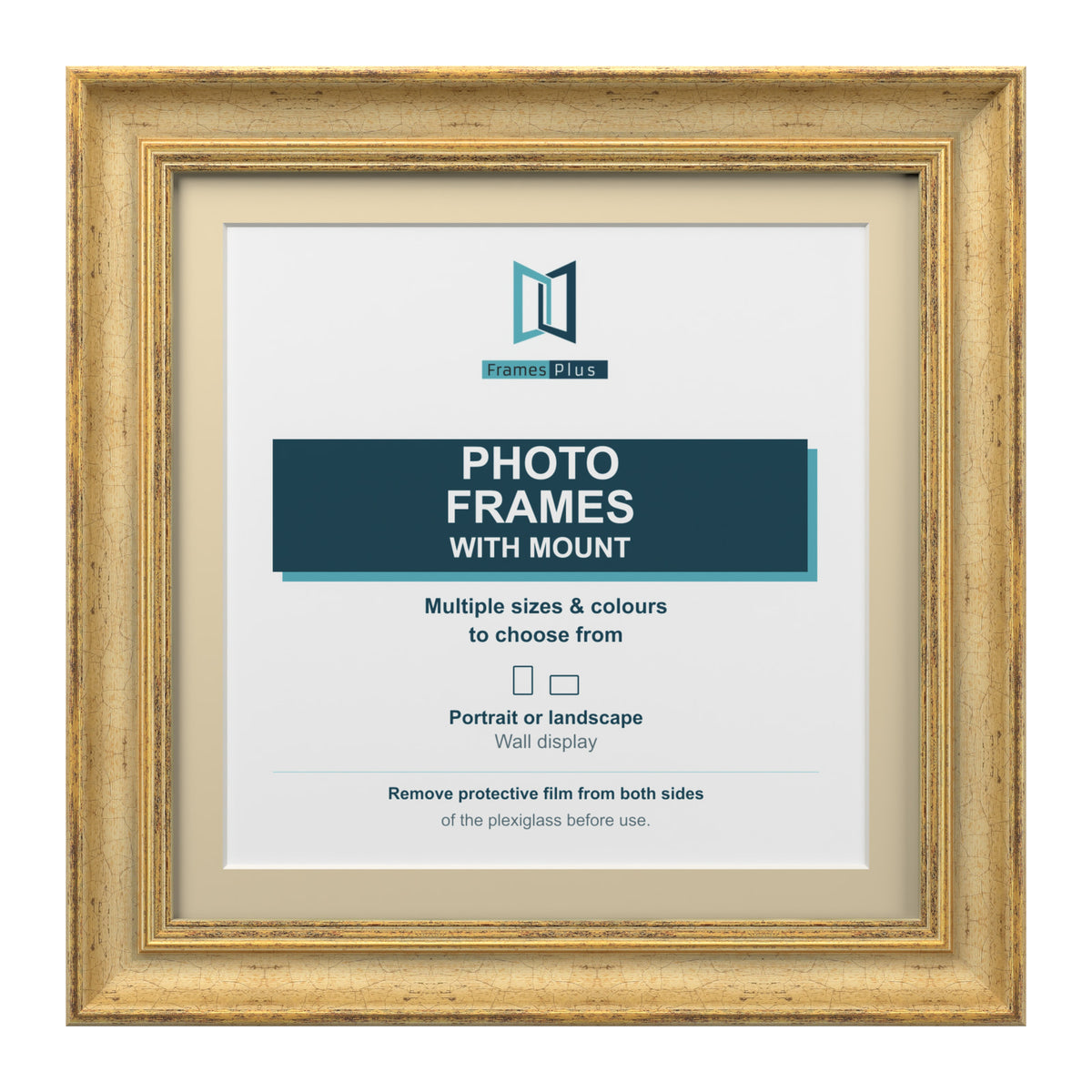 Cassis Square Picture Photo Frame Ivory Mount Shabby Chic Distressed Gold Trim - 6x6" Frame for 4x4" Photo, Gold Frame Ivory Mount