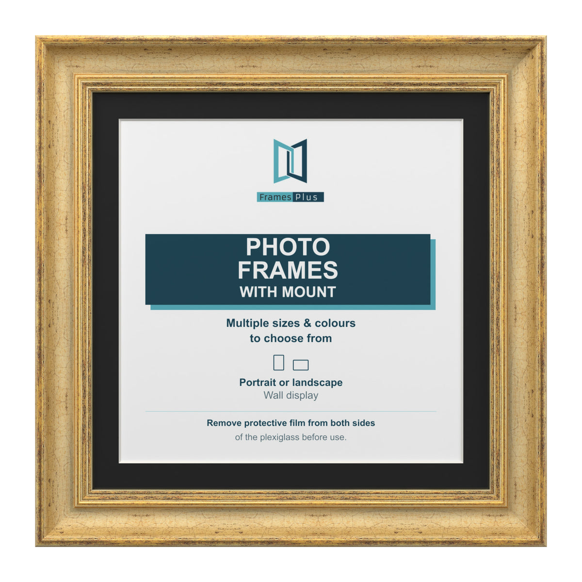 Cassis Square Picture Photo Frame Black Mount Shabby Chic Distressed Gold Trim - 6x6" Frame for 4x4" Photo, Gold Frame Black Mount