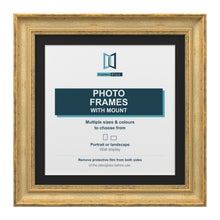 Cassis Square Picture Photo Frame Black Mount Shabby Chic Distressed Gold Trim - 6x6" Frame for 4x4" Photo, Gold Frame Black Mount