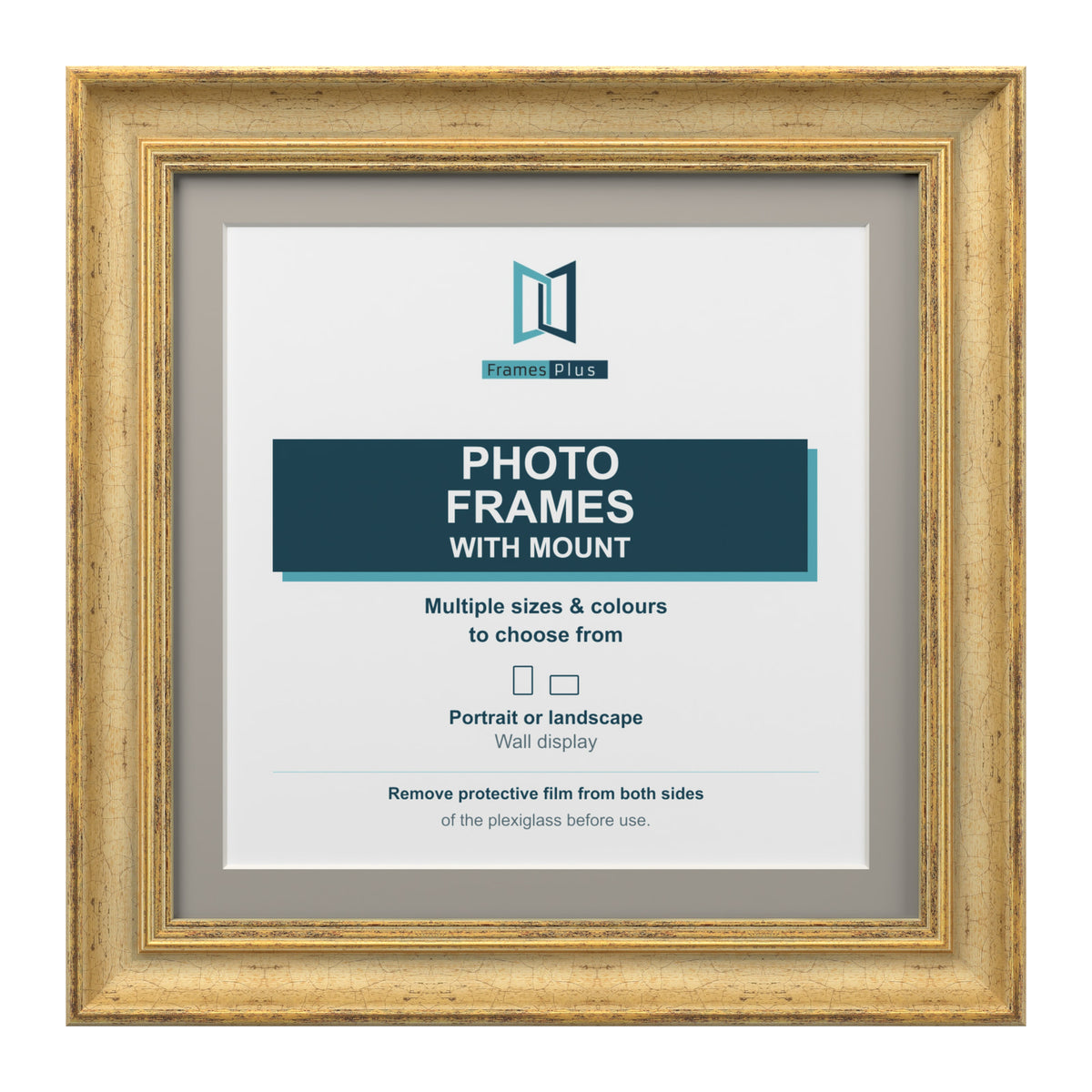 Cassis Square Photo Frame with Dawn Grey Mount Shabby Chic Distressed Gold Trim - 6x6" Frame for 4x4" Photo, Gold Frame Dawn Grey Mount