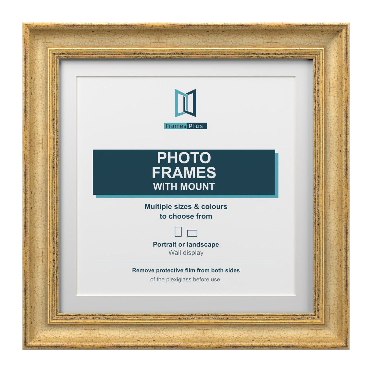 Cassis Square Picture Frame White Mount Shabby Chic Gold Trim 5 Colours - 6x6" Frame for 4x4" Photo, Gold Frame White Mount