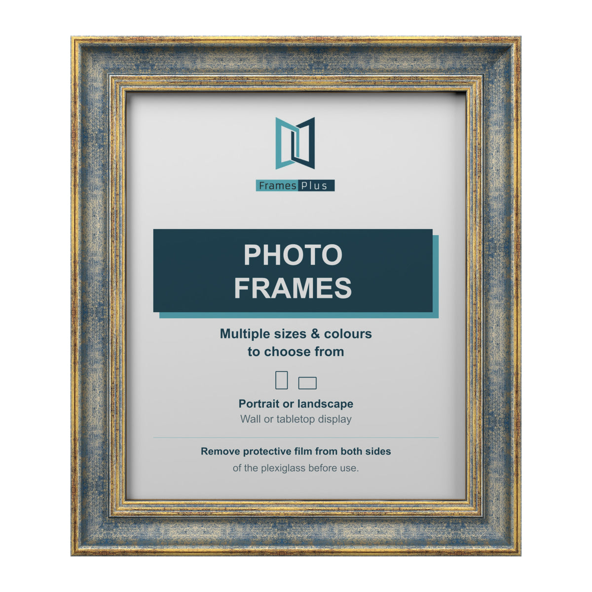 Frames Plus Cassis Shabby Chic Picture Photo Frame Distressed Gold Trim - 9"x6" (22.9 x 15.2cm), Blue