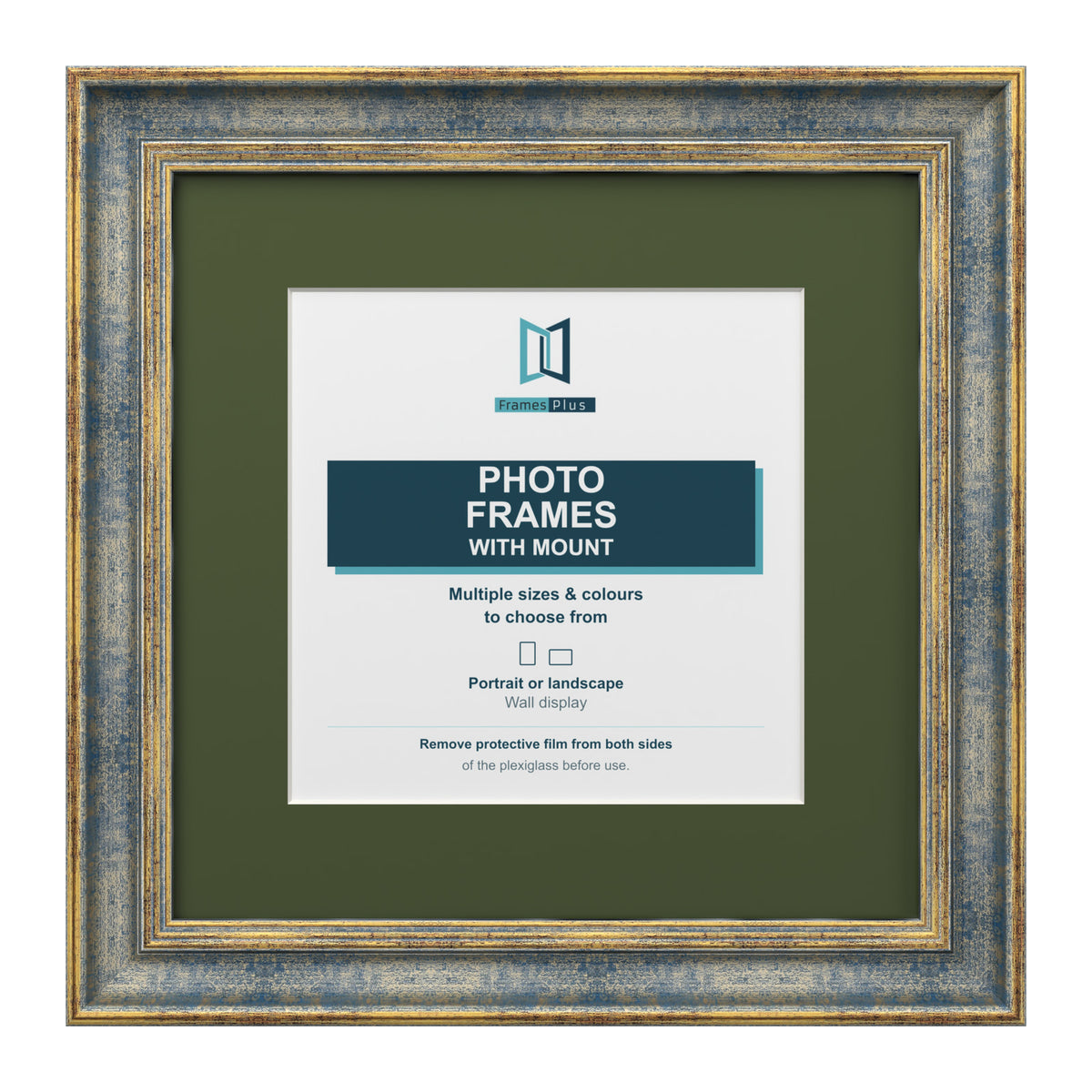 Cassis Square Picture Photo Frame Green Mount Shabby Chic Distressed Gold Trim - 6x6" Frame for 4x4" Photo, Blue Frame Green Mount