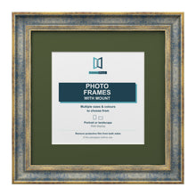 Cassis Square Picture Photo Frame Green Mount Shabby Chic Distressed Gold Trim - 6x6" Frame for 4x4" Photo, Blue Frame Green Mount