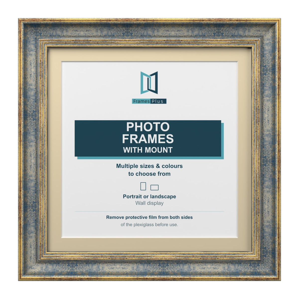 Cassis Square Picture Photo Frame Ivory Mount Shabby Chic Distressed Gold Trim - 6x6" Frame for 4x4" Photo, Blue Frame Ivory Mount