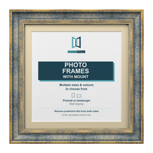 Cassis Square Picture Photo Frame Ivory Mount Shabby Chic Distressed Gold Trim - 6x6" Frame for 4x4" Photo, Blue Frame Ivory Mount