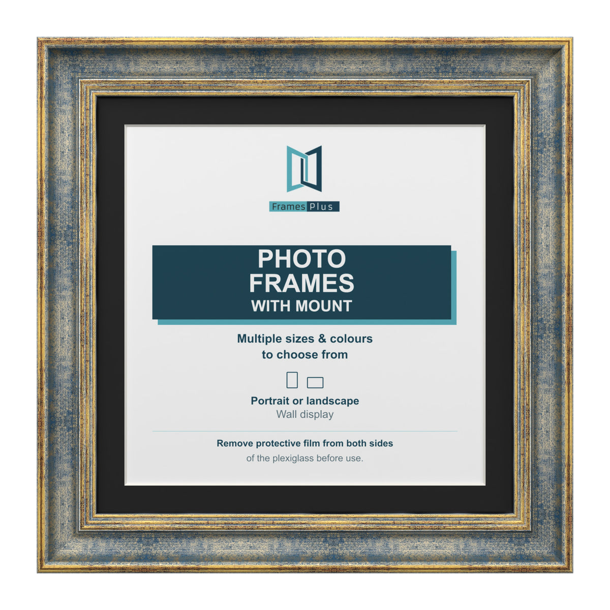 Cassis Square Picture Photo Frame Black Mount Shabby Chic Distressed Gold Trim - 6x6" Frame for 4x4" Photo, Blue Frame Black Mount
