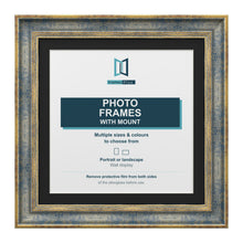 Cassis Square Picture Photo Frame Black Mount Shabby Chic Distressed Gold Trim - 6x6" Frame for 4x4" Photo, Blue Frame Black Mount
