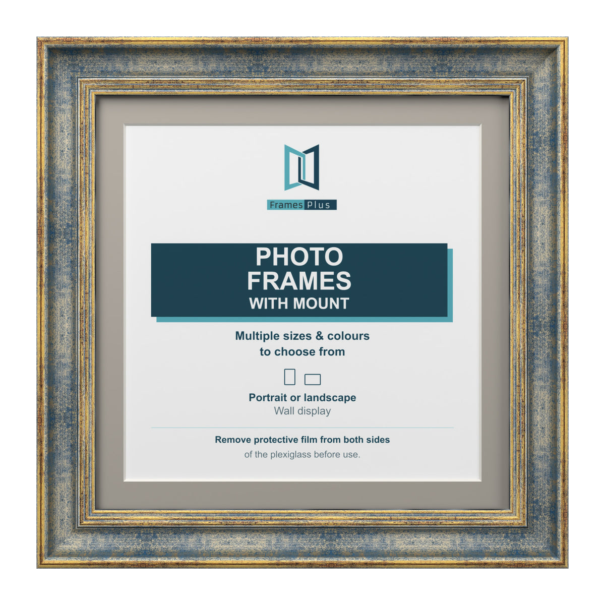 Cassis Square Photo Frame with Dawn Grey Mount Shabby Chic Distressed Gold Trim - 6x6" Frame for 4x4" Photo, Blue Frame Dawn Grey Mount