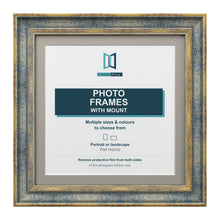 Cassis Square Photo Frame with Dawn Grey Mount Shabby Chic Distressed Gold Trim - 6x6" Frame for 4x4" Photo, Blue Frame Dawn Grey Mount