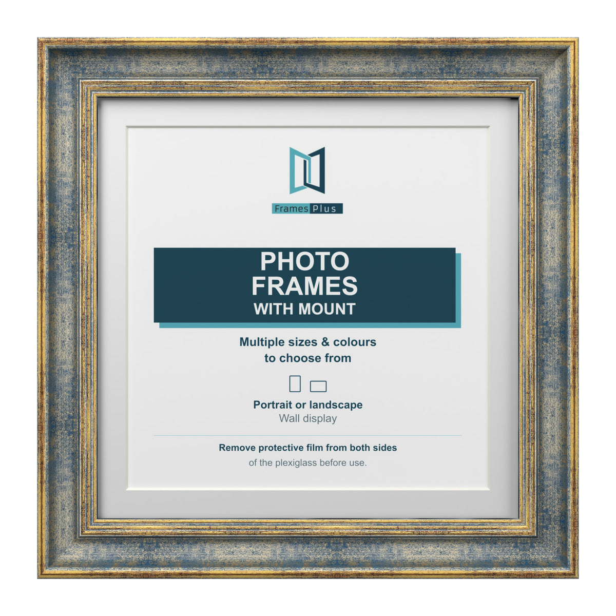 Cassis Square Picture Frame White Mount Shabby Chic Gold Trim 5 Colours - 6x6" Frame for 4x4" Photo, Blue Frame White Mount