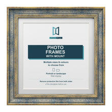 Cassis Square Picture Frame White Mount Shabby Chic Gold Trim 5 Colours - 6x6" Frame for 4x4" Photo, Blue Frame White Mount