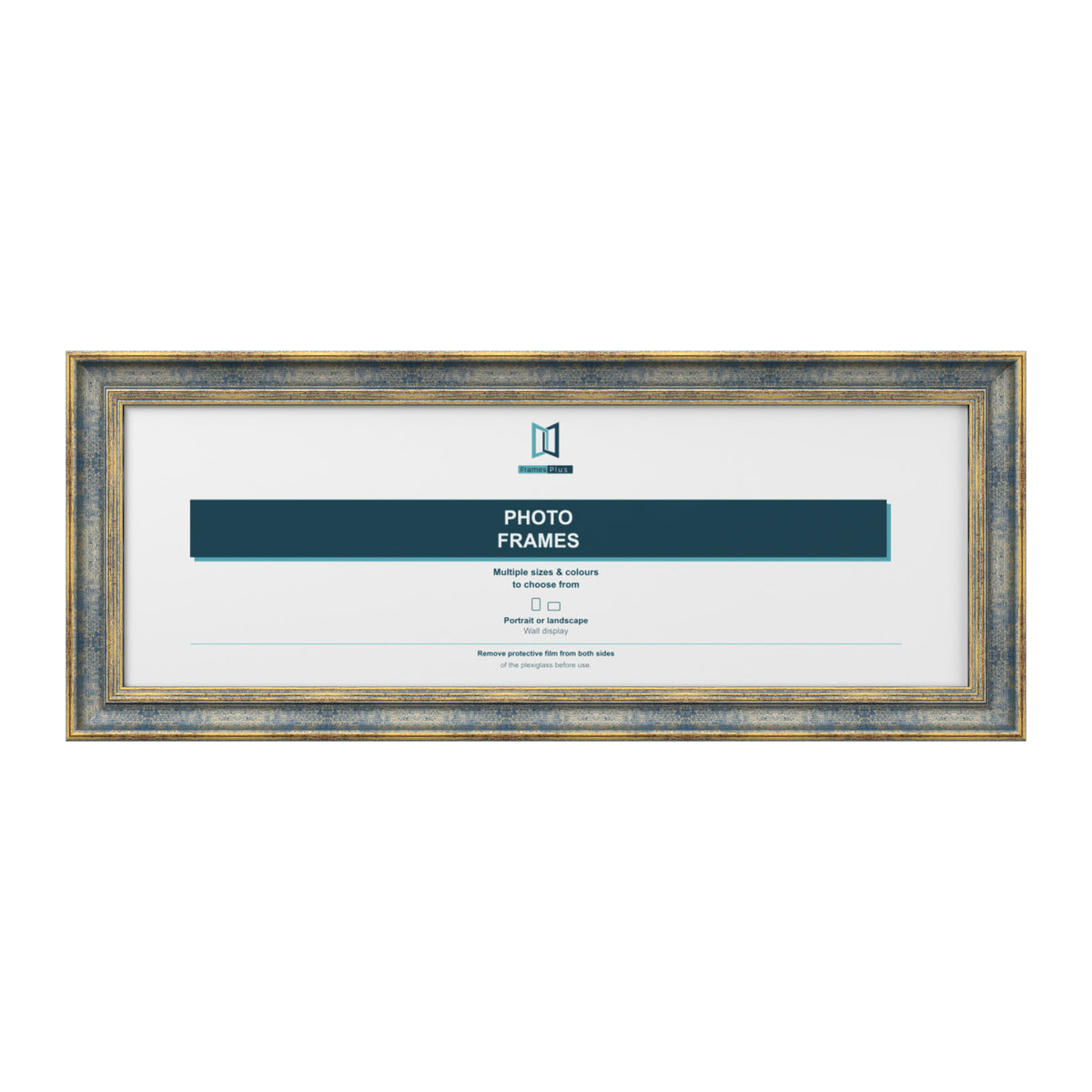 Cassis Panoramic Picture Photo Frame Shabby Chic Distressed Gold Trim 5 Colours - 10"x4" (25.4 x 10.2cm), Blue