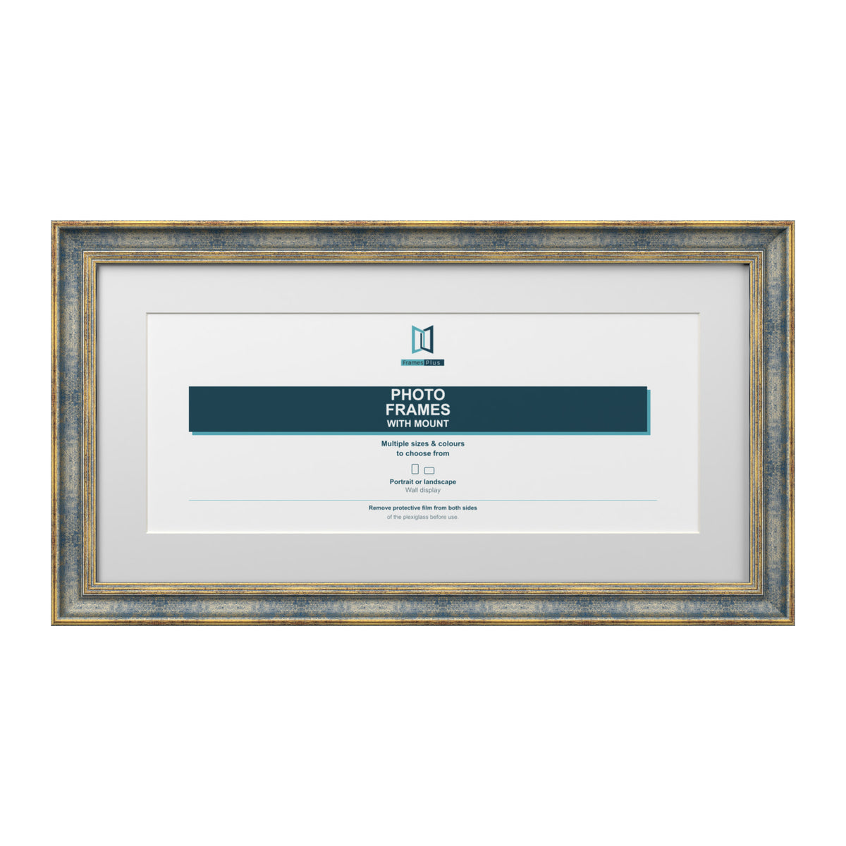 Cassis Panoramic Picture Frame White Mount Shabby Chic Gold Trim 5 Colours - 14x6" Frame for 12x4" Photo, Blue Frame White Mount